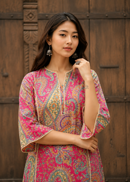 Classic Pink Paisley Kurti for Women | Comfortable Cotton Daily Wear