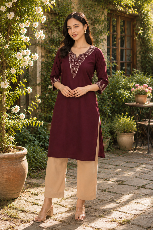 Women's Luxe Maroon Embroidered Kurta with Pants | Everyday Elegance