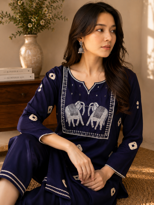 Midnight Blue Artisan Embroidered Kurta Pant Set