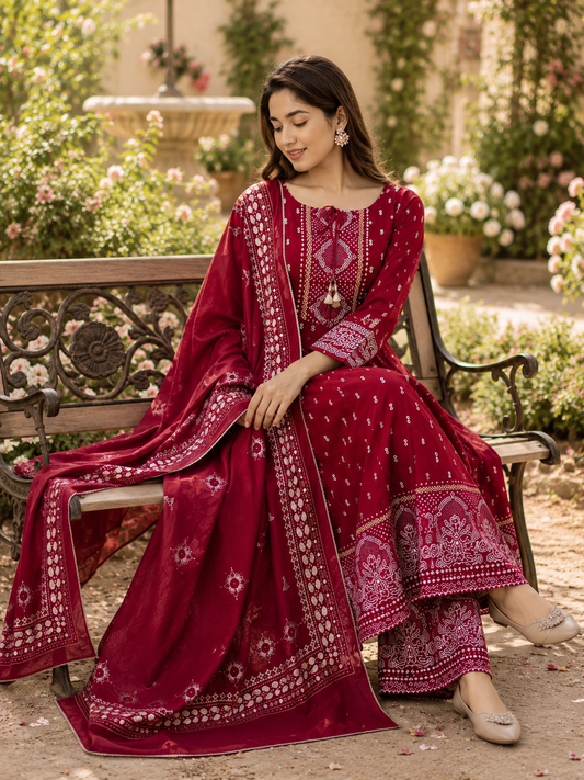 Royal Crimson Silken Viscose Embroidered Anarkali Suit Set