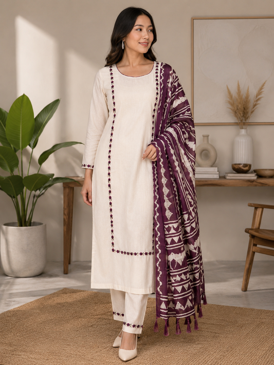 Designer Off-White Straight Kurta Pant Set with Printed Purple Dupatta