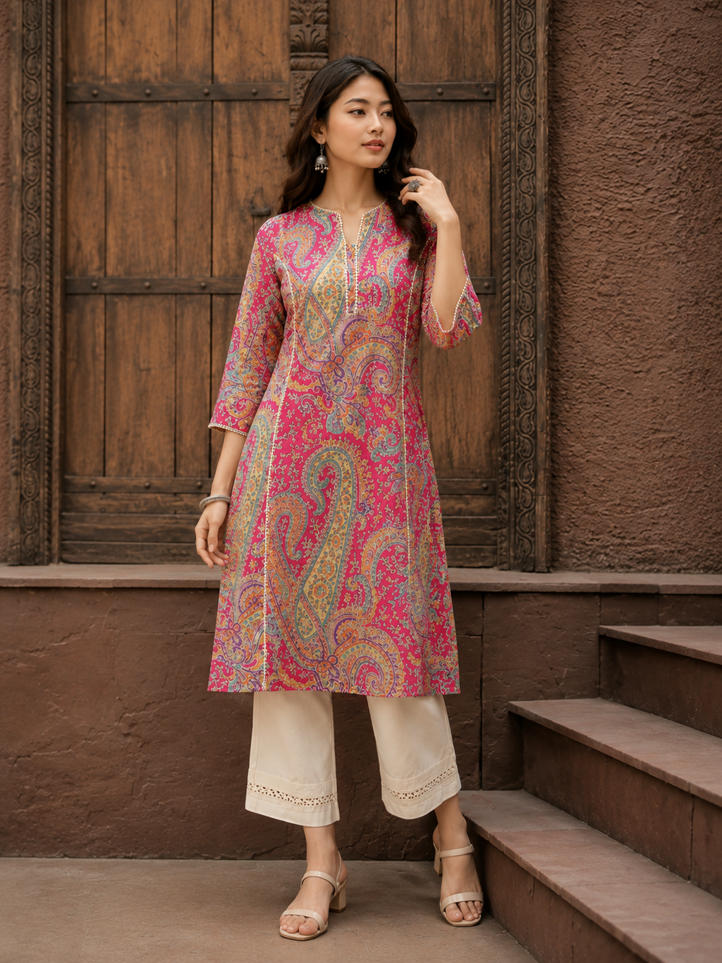 Classic Pink Paisley Kurti for Women | Comfortable Cotton Daily Wear