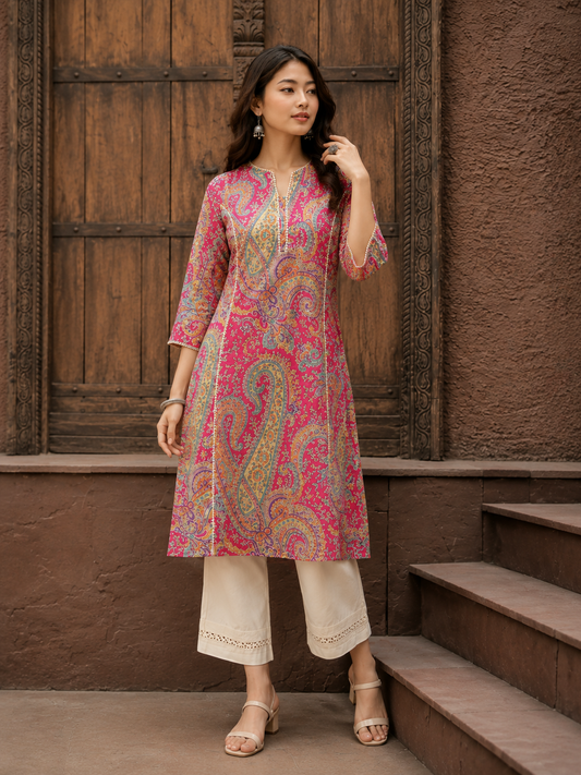 Classic Pink Paisley Kurti for Women | Comfortable Cotton Daily Wear