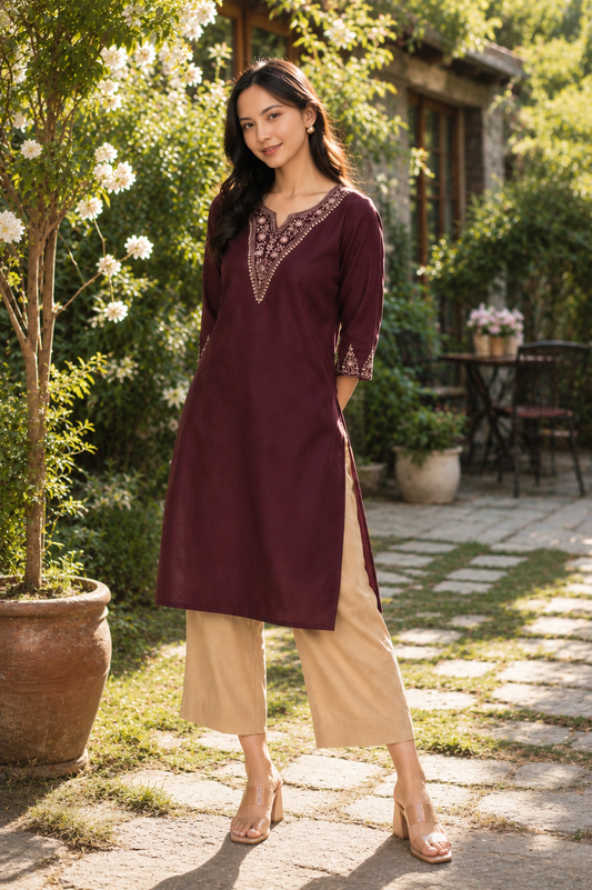 Women's Luxe Maroon Embroidered Kurta with Pants | Everyday Elegance
