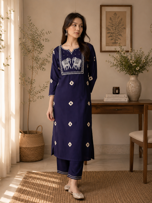 Midnight Blue Artisan Embroidered Kurta Pant Set
