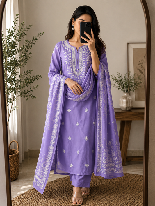 Celestia Lavender Embroidered Kurta Set with Premium Silken Viscose Dupatta