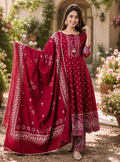 Royal Crimson Silken Viscose Embroidered Anarkali Suit Set