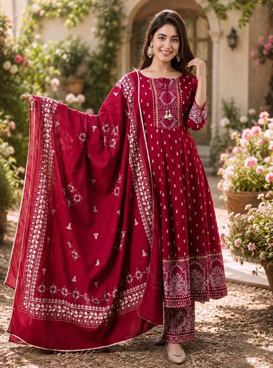 Royal Crimson Silken Viscose Embroidered Anarkali Suit Set