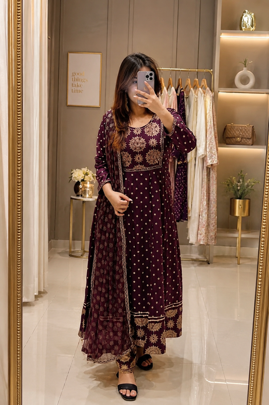 Royal Wine Luxe Anarkali Kurta Set with Designer Dupatta | Luxury Silken Rayon | Festive Collection