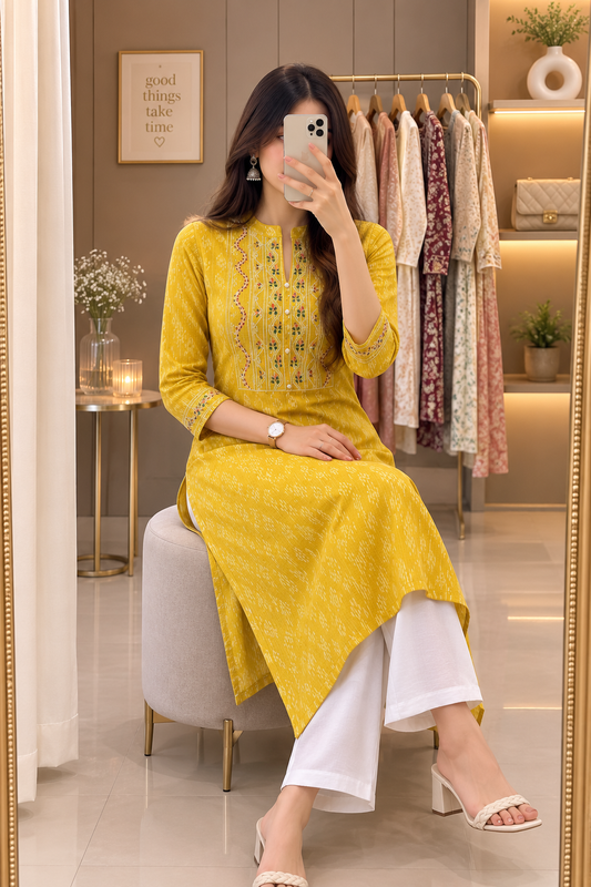 Mustard Yellow Embroidered Cotton Kurta for Women