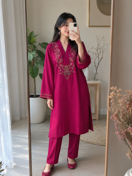 Pink Embroidered Co-Ord Set for Women | Floral Embroidery Kurta & Straight Pants