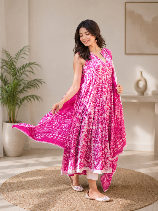 Pink Flared Anarkali Kurta with Matching Dupatta