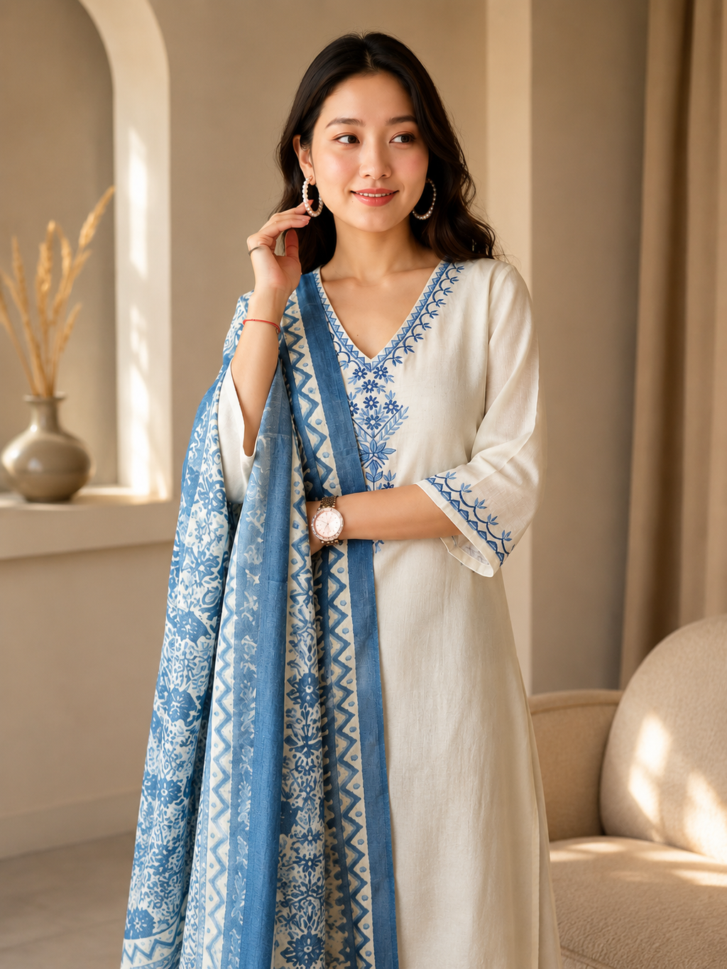 Elegant White Embroidered Kurta with Blue Floral Dupatta