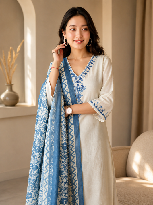 Elegant White Embroidered Kurta with Blue Floral Dupatta