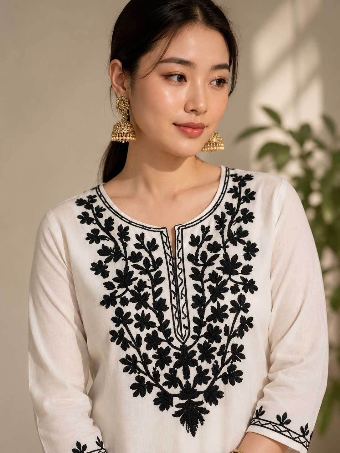 Premium White Cotton Embroidered A-Line Kurta for Women | Black Floral Embroidery