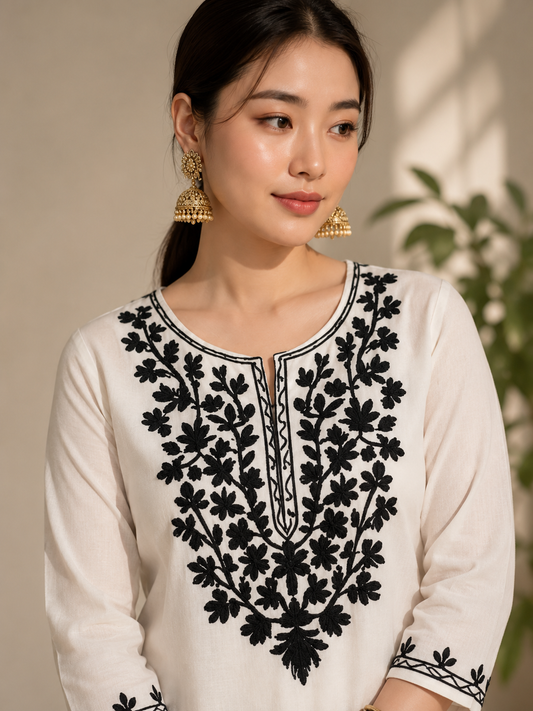 Premium White Cotton Embroidered A-Line Kurta for Women | Black Floral Embroidery