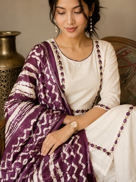 Designer Off-White Straight Kurta Pant Set with Printed Purple Dupatta