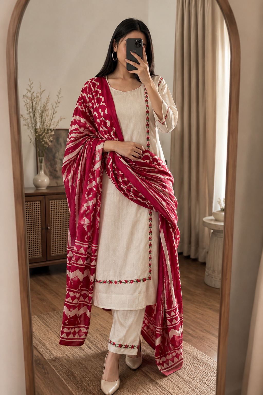 Women's White Embroidered Khadi Cotton Kurta Set with Maroon Ethnic Printed Dupatta | Premium Festive & Casual Wear