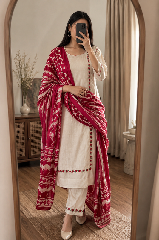 Women's White Embroidered Khadi Cotton Kurta Set with Maroon Ethnic Printed Dupatta | Premium Festive & Casual Wear