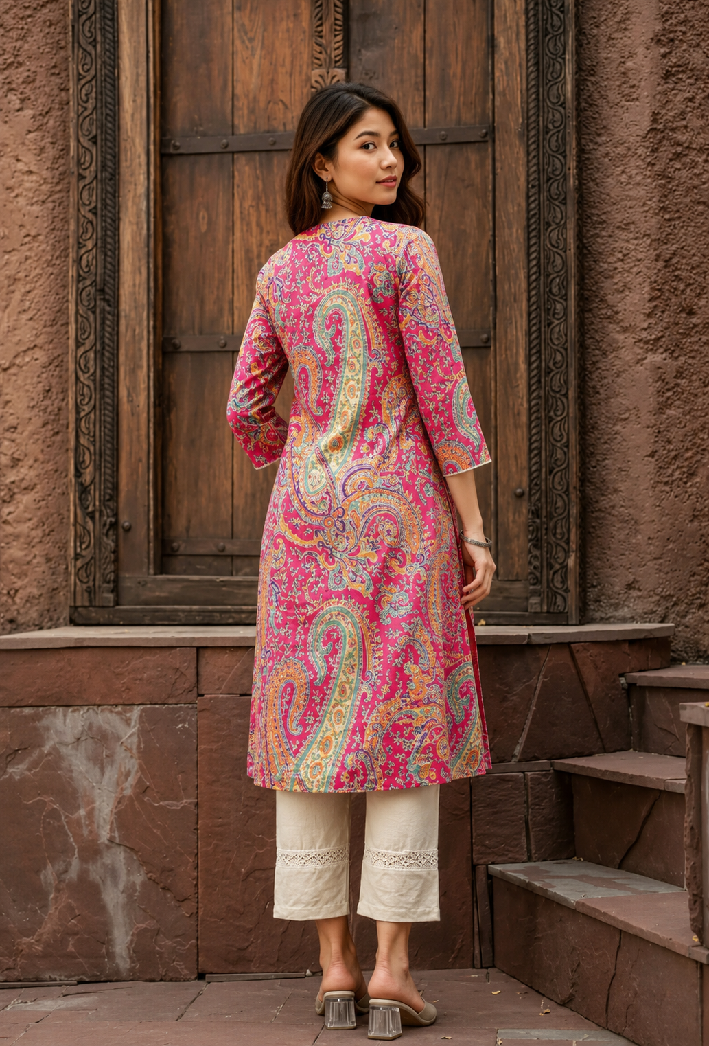 Classic Pink Paisley Kurti for Women | Comfortable Cotton Daily Wear