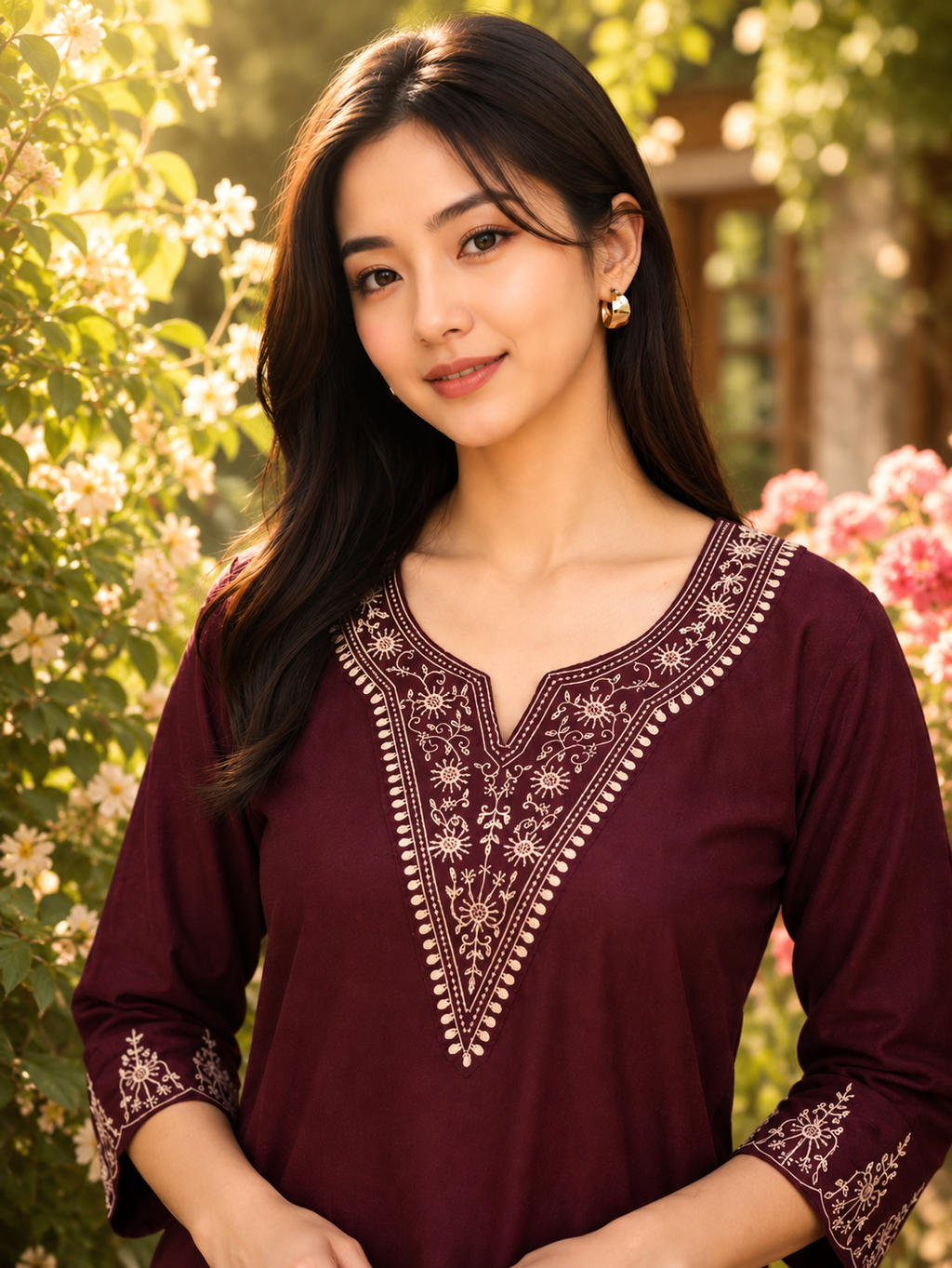 Women's Luxe Maroon Embroidered Kurta with Pants | Everyday Elegance