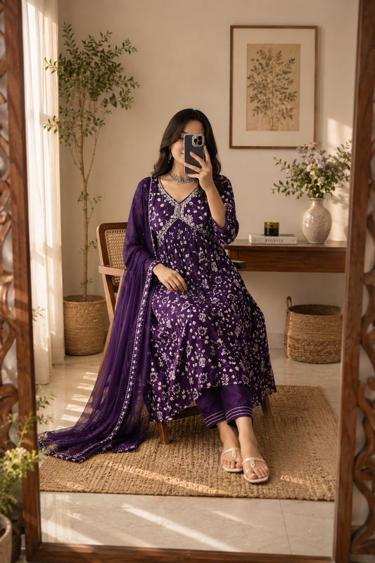 Elegant Purple Floral Kurta Set | Timeless Ethnic Collection