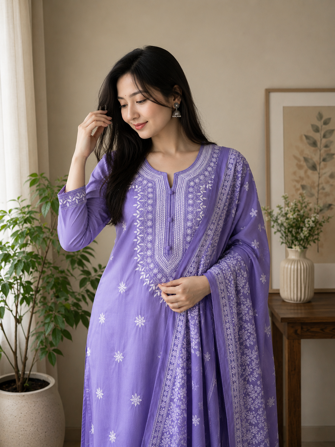 Celestia Lavender Embroidered Kurta Set with Premium Silken Viscose Dupatta
