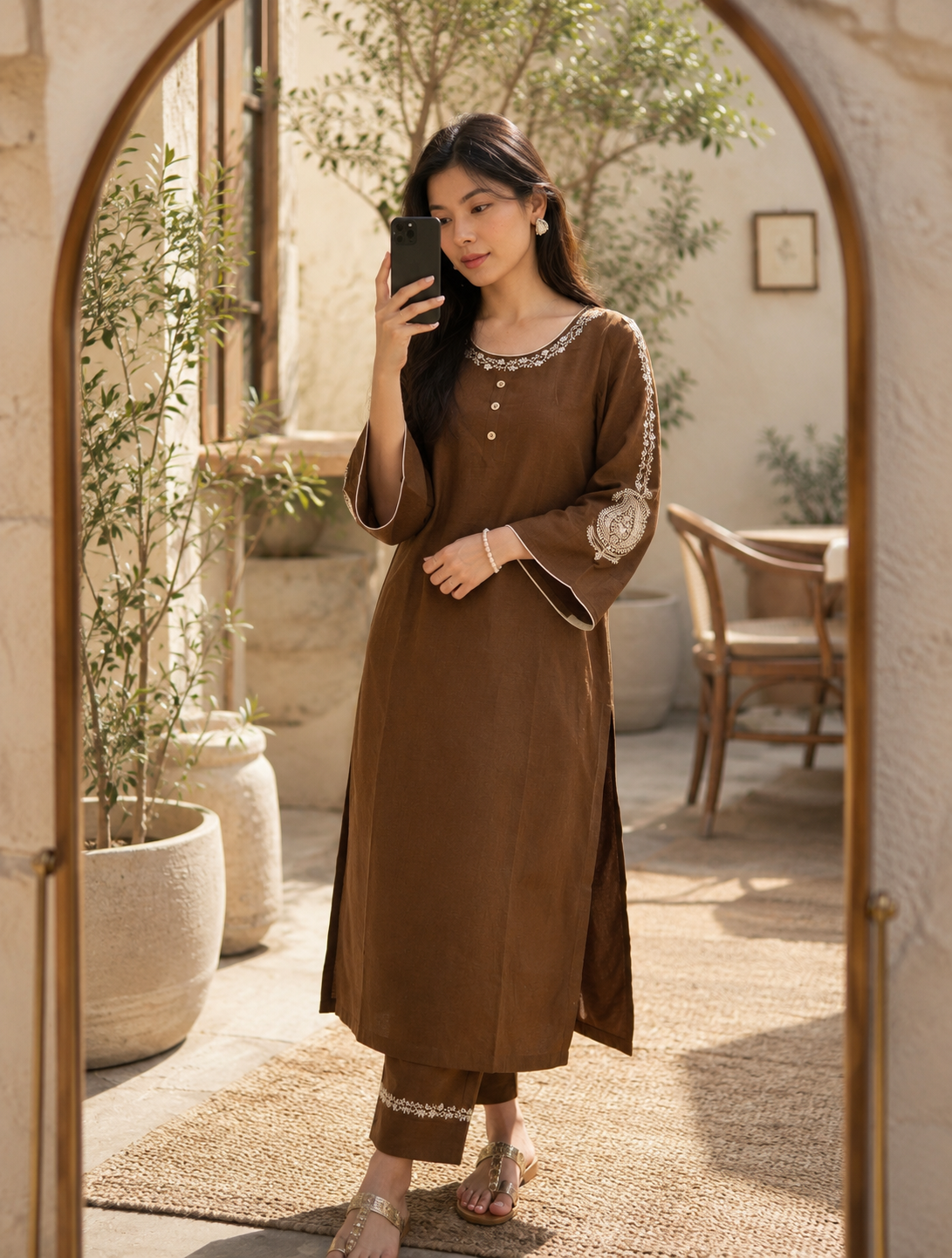 Designer Brown Embroidered Kurta Pant Set for Women | Soft Rayon Fabric