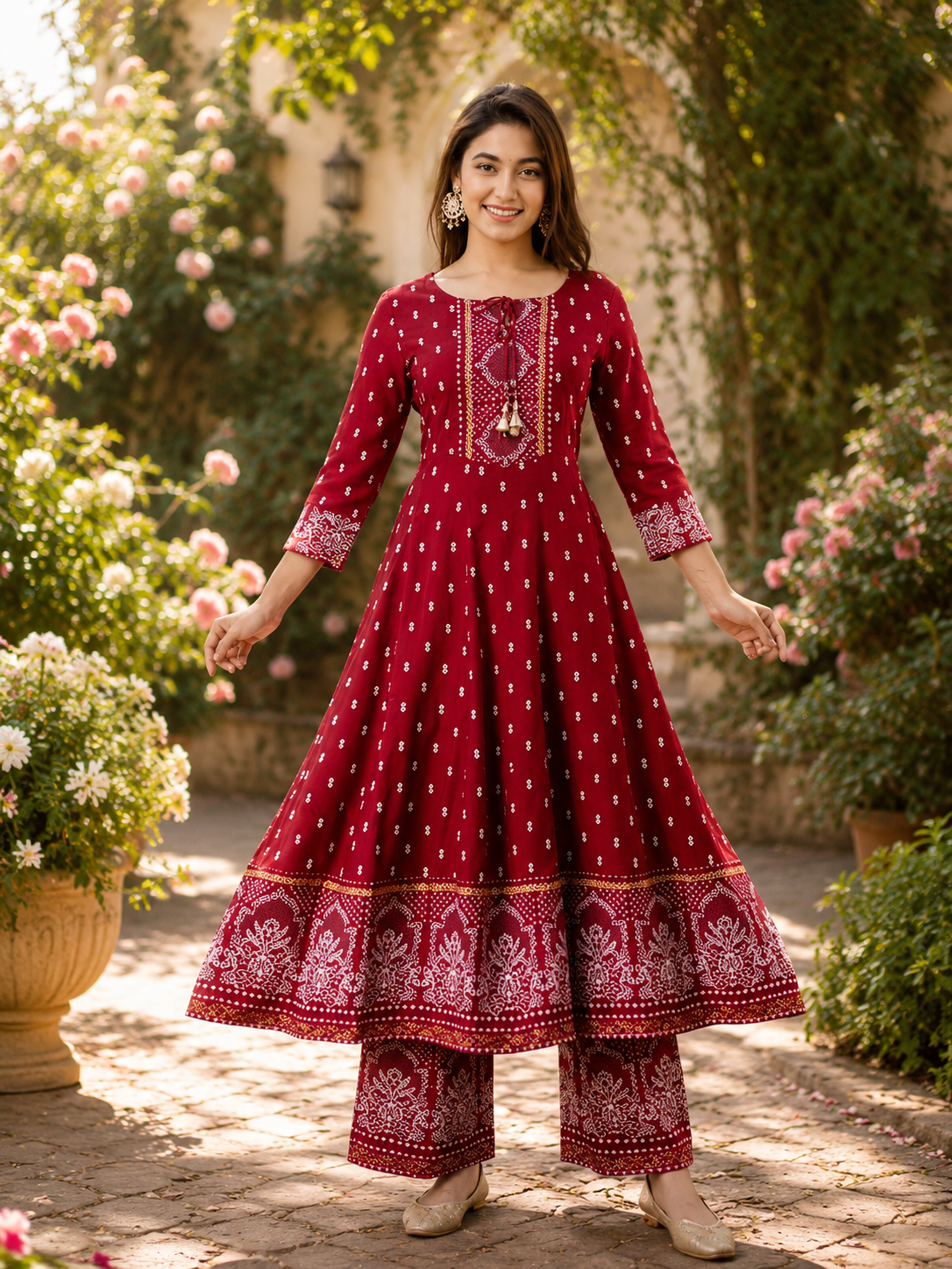 Royal Crimson Silken Viscose Embroidered Anarkali Suit Set