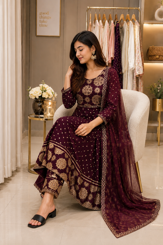 Royal Wine Luxe Anarkali Kurta Set with Designer Dupatta | Luxury Silken Rayon | Festive Collection