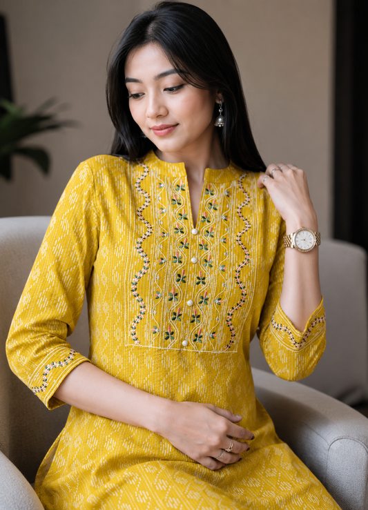 Mustard Yellow Embroidered Cotton Kurta for Women