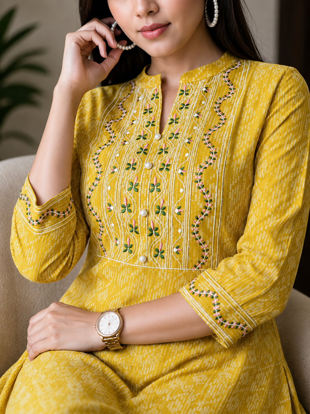 Mustard Yellow Embroidered Cotton Kurta for Women