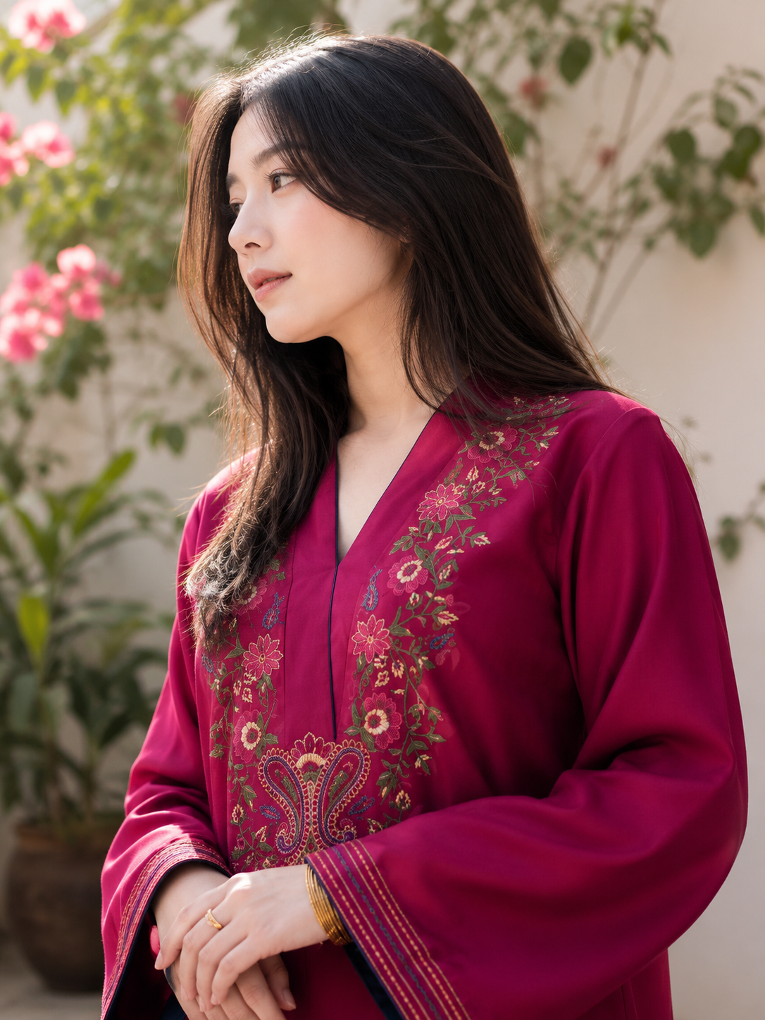 Pink Embroidered Co-Ord Set for Women | Floral Embroidery Kurta & Straight Pants