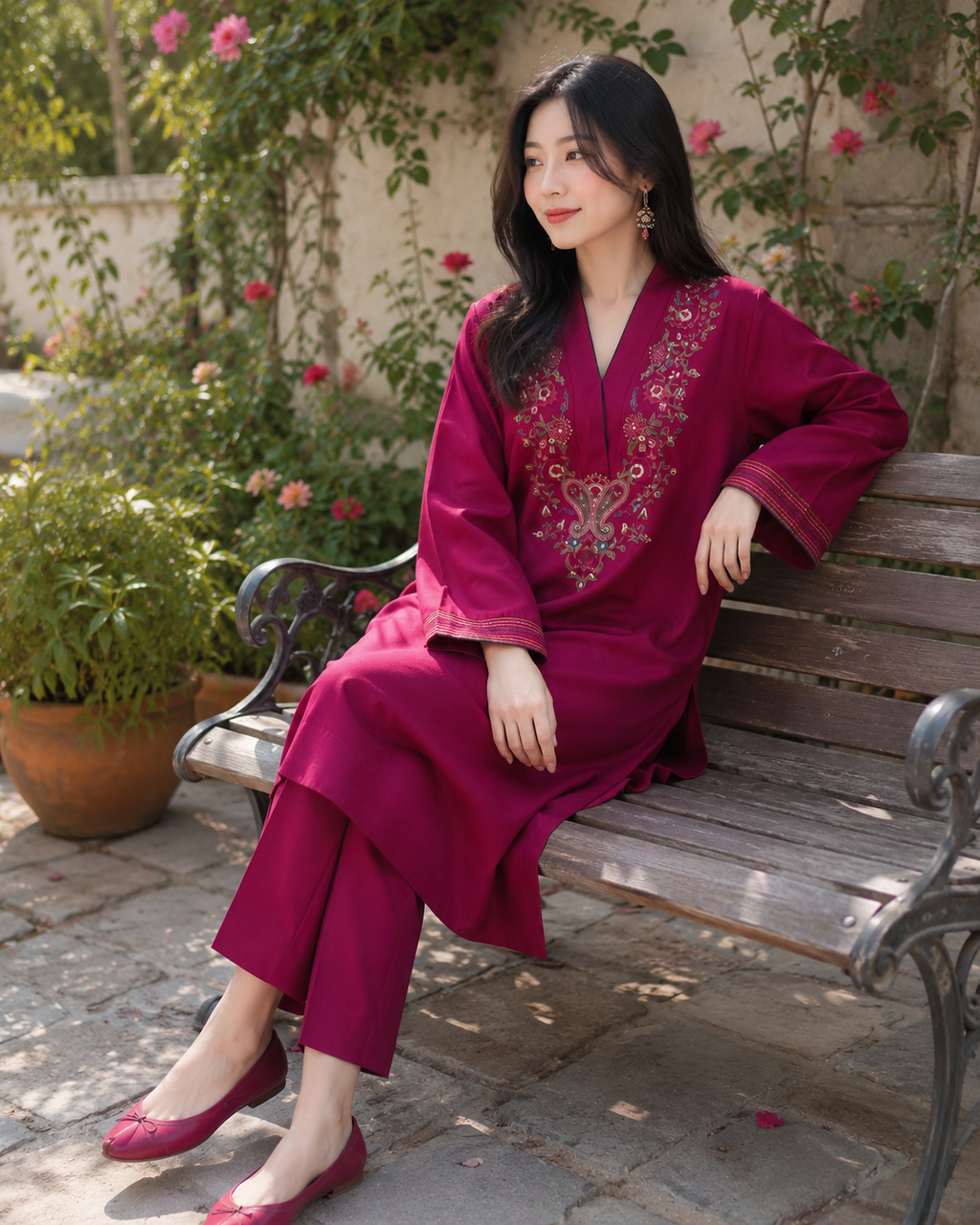 Pink Embroidered Co-Ord Set for Women | Floral Embroidery Kurta & Straight Pants
