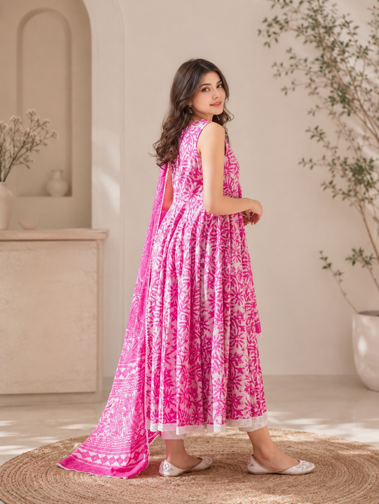 Pink Flared Anarkali Kurta with Matching Dupatta