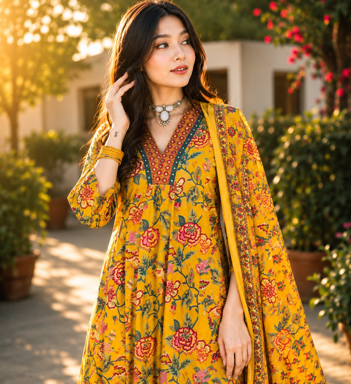 Women's Mustard Floral Kurta Palazzo with Dupatta | Ethnic 3-Piece Set