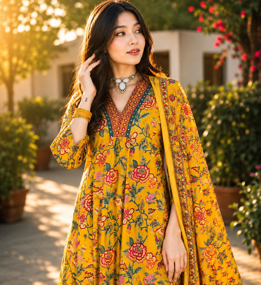 Women's Mustard Floral Kurta Palazzo with Dupatta | Ethnic 3-Piece Set