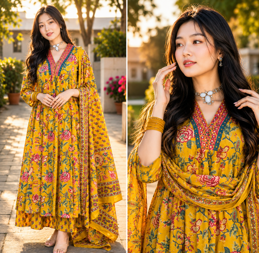 Women's Mustard Floral Kurta Palazzo with Dupatta | Ethnic 3-Piece Set