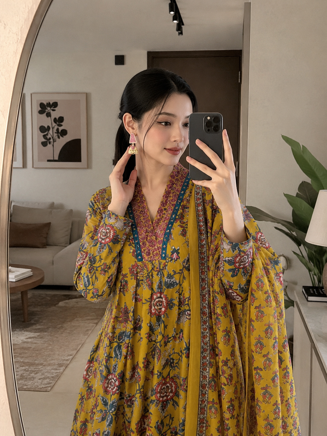 Women's Mustard Floral Kurta Palazzo with Dupatta | Ethnic 3-Piece Set