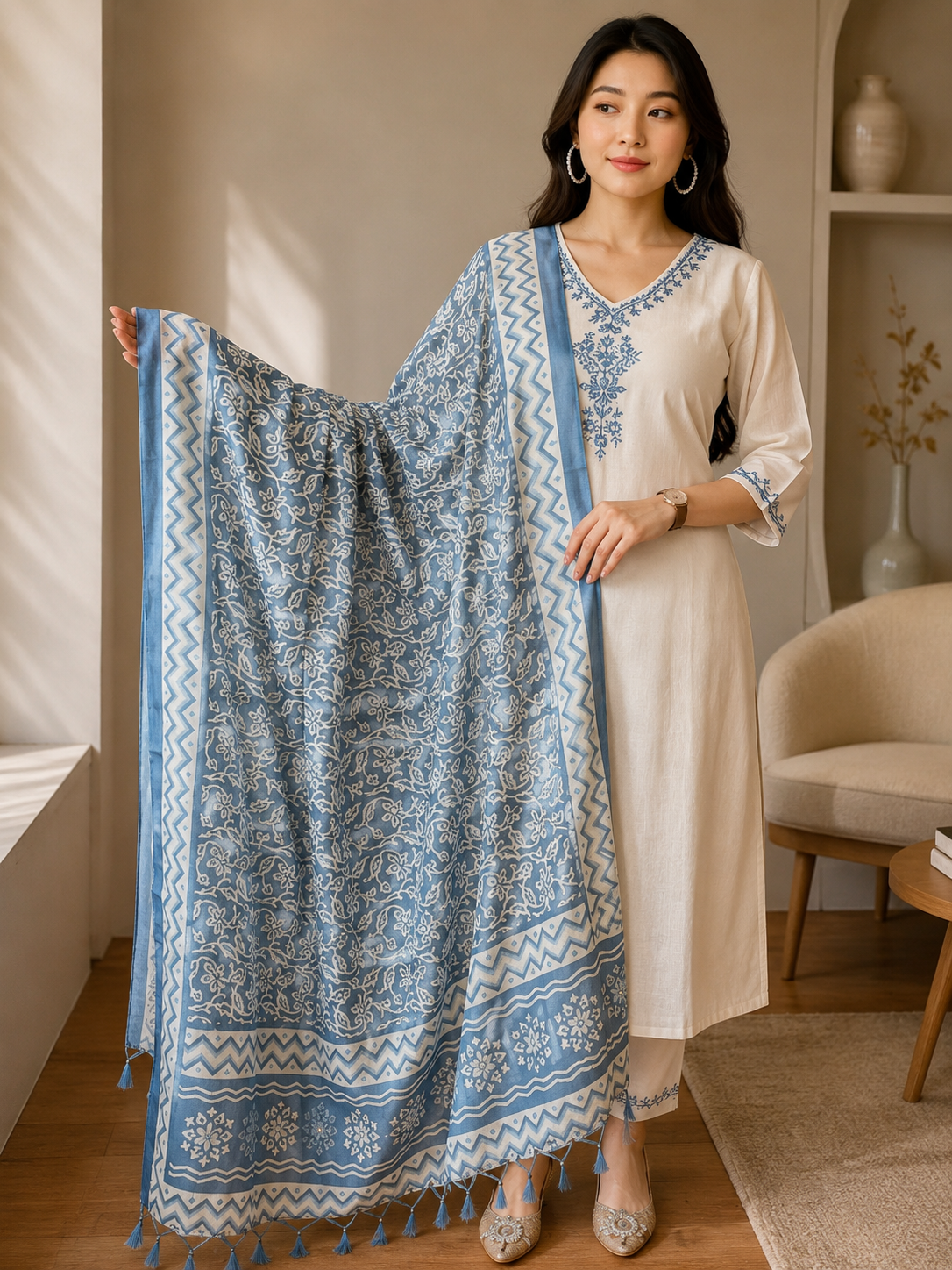 Elegant White Embroidered Kurta with Blue Floral Dupatta