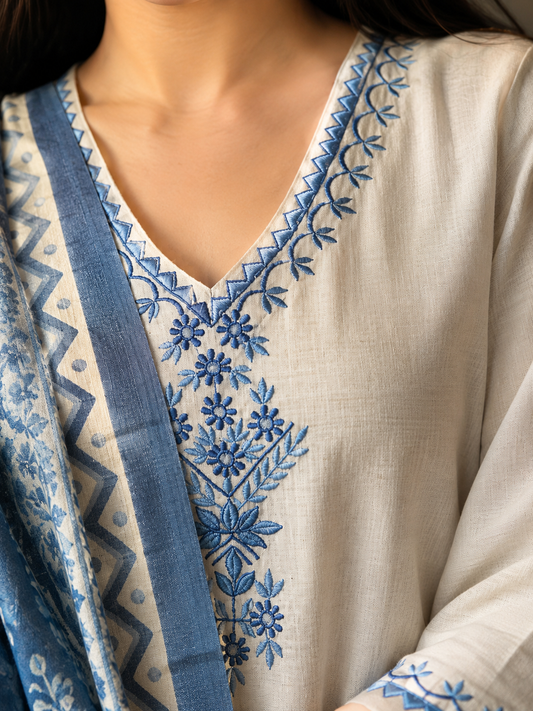 Elegant White Embroidered Kurta with Blue Floral Dupatta