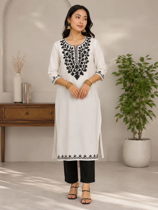 Premium White Cotton Embroidered A-Line Kurta for Women | Black Floral Embroidery
