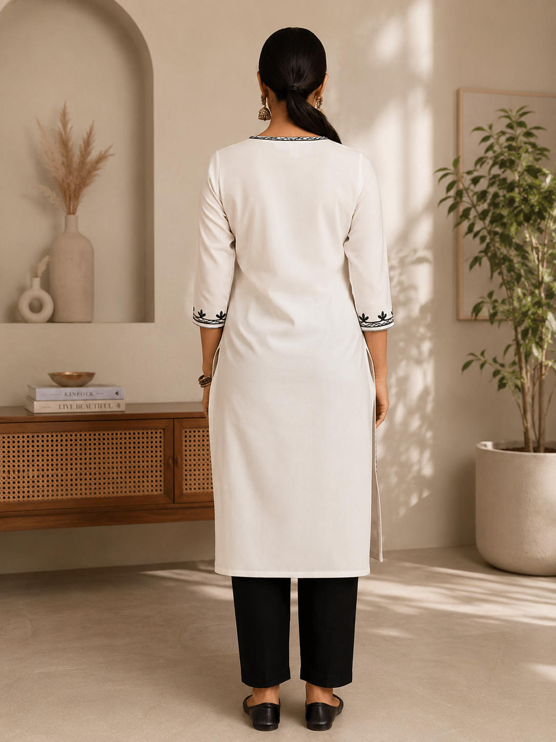 Premium White Cotton Embroidered A-Line Kurta for Women | Black Floral Embroidery