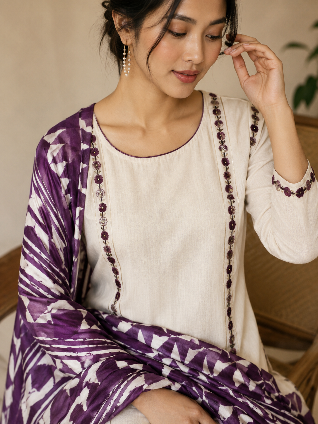 Designer Off-White Straight Kurta Pant Set with Printed Purple Dupatta
