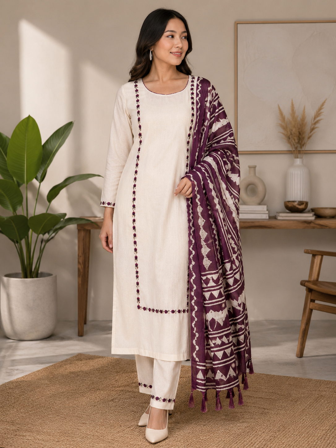 Designer Off-White Straight Kurta Pant Set with Printed Purple Dupatta