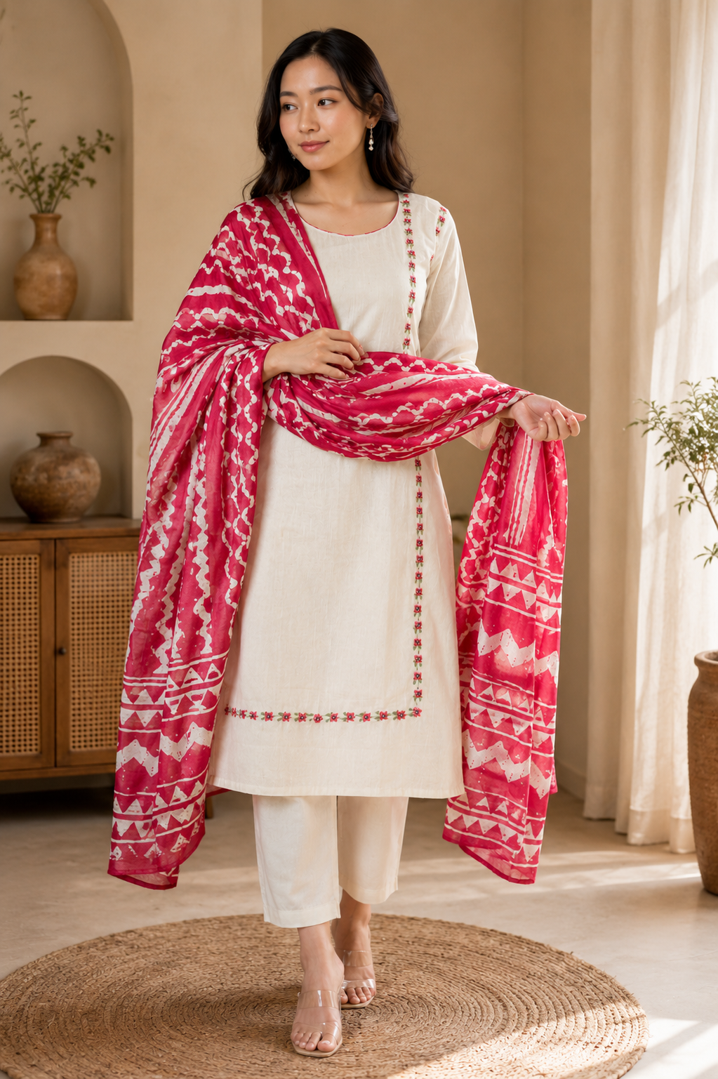 Women's White Embroidered Khadi Cotton Kurta Set with Maroon Ethnic Printed Dupatta | Premium Festive & Casual Wear
